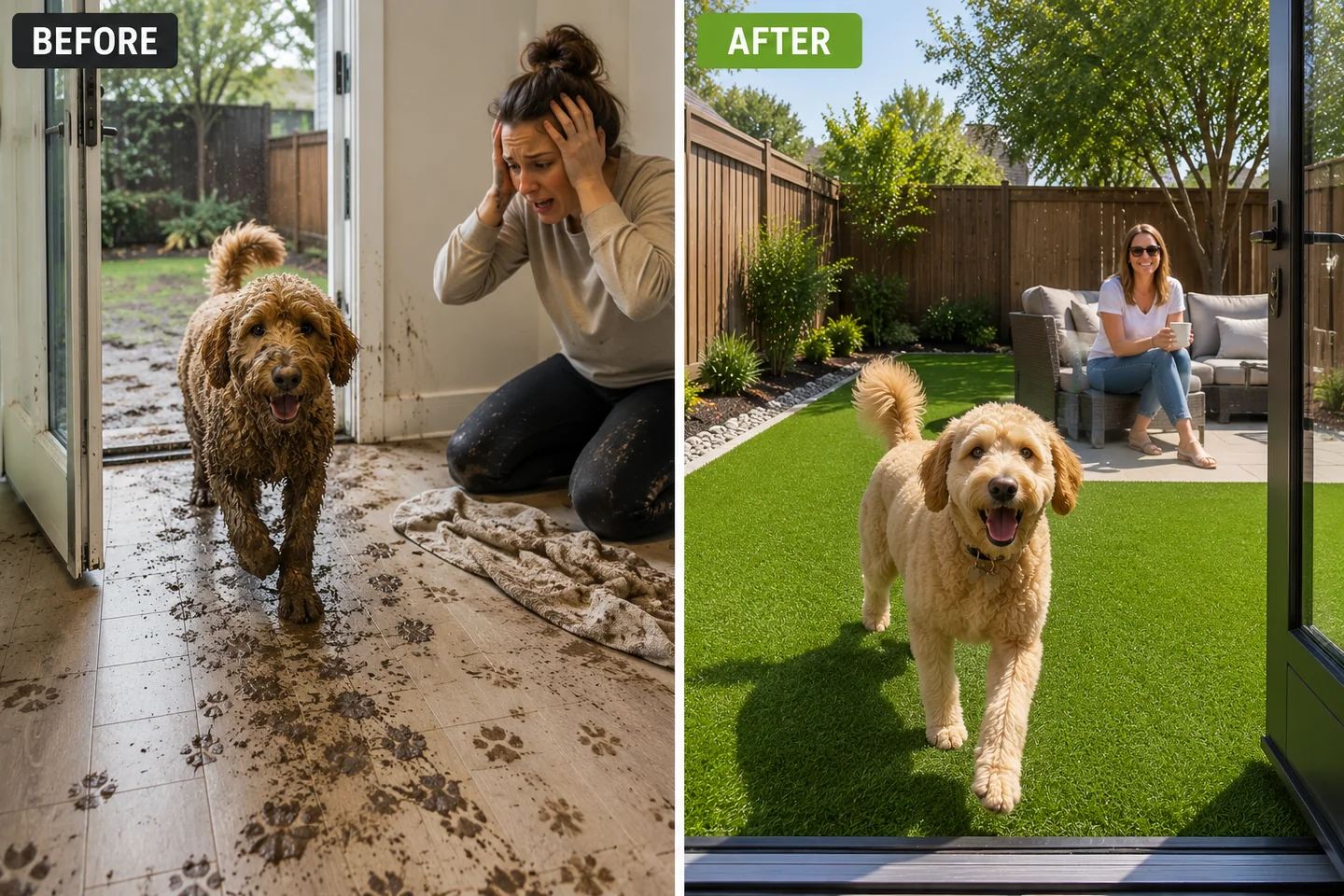 Before and after showing a muddy dog at an entryway and a clean dog in a finished turf yard