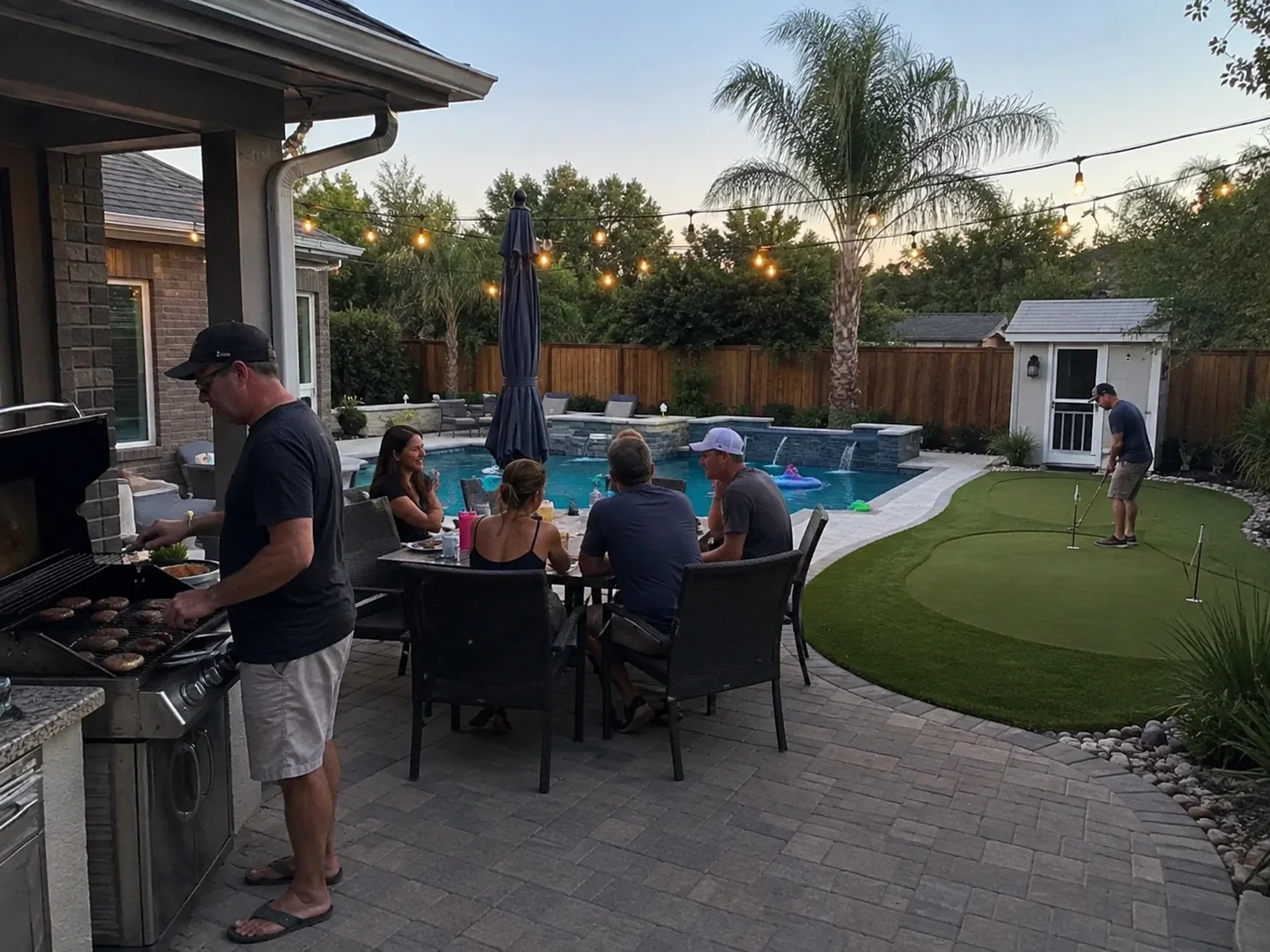 Family gathering around a finished turf and putting green outdoor space