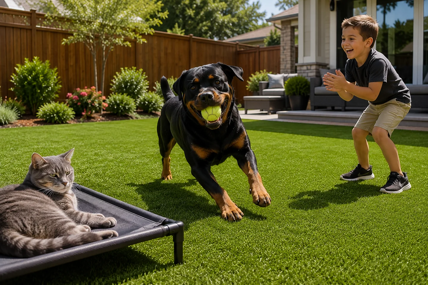 Dog, cat, and child enjoying a finished artificial turf backyard