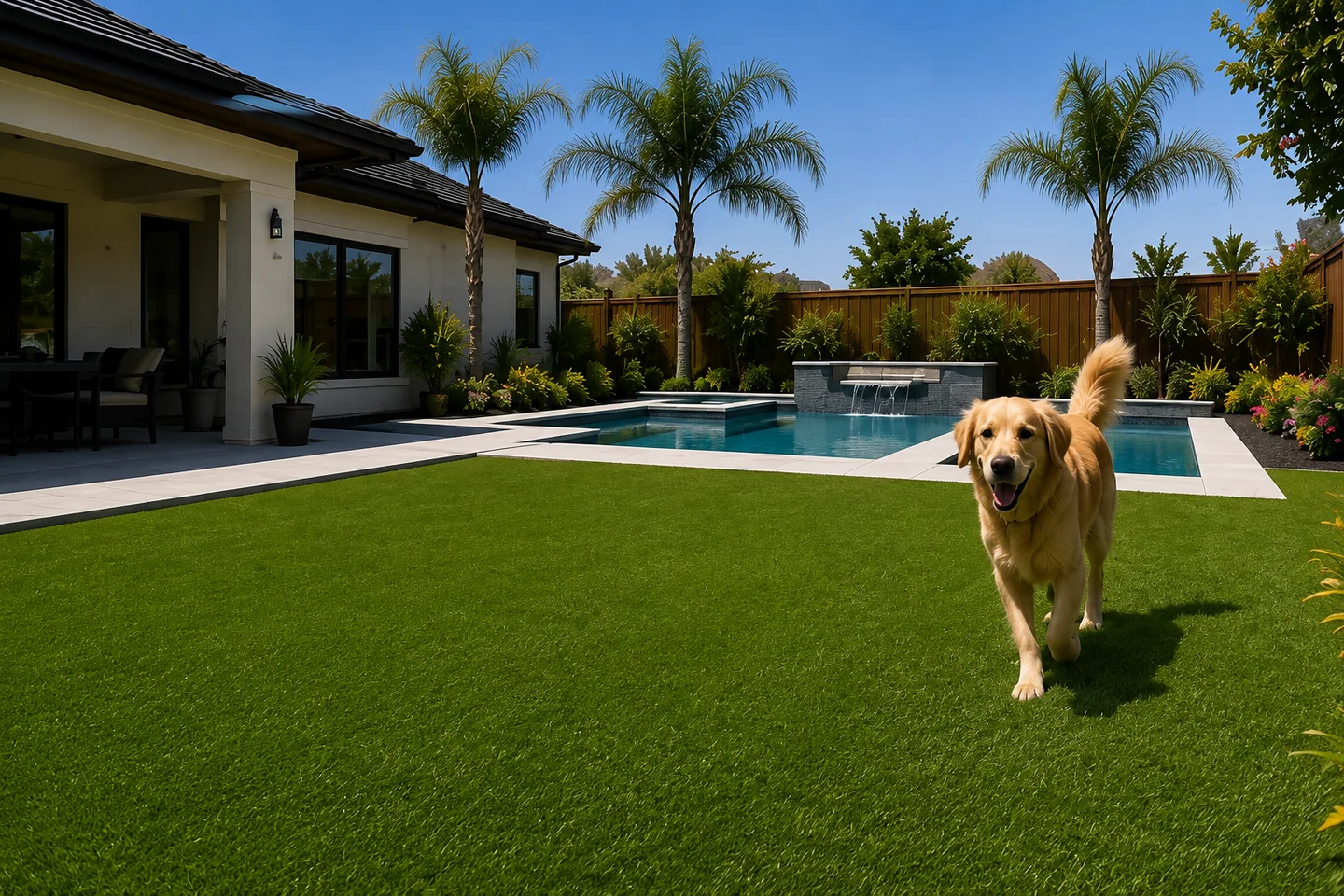 Yellow lab enjoying a finished turf lawn beside a pool